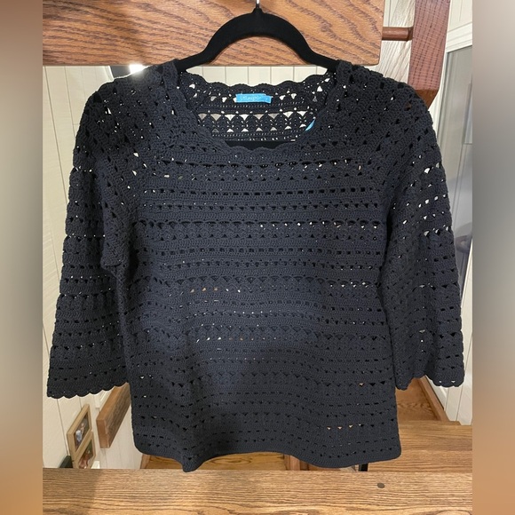 J McLaughlin sweater three quarter sleeve crew neck crochet cotton black small - Picture 3 of 5